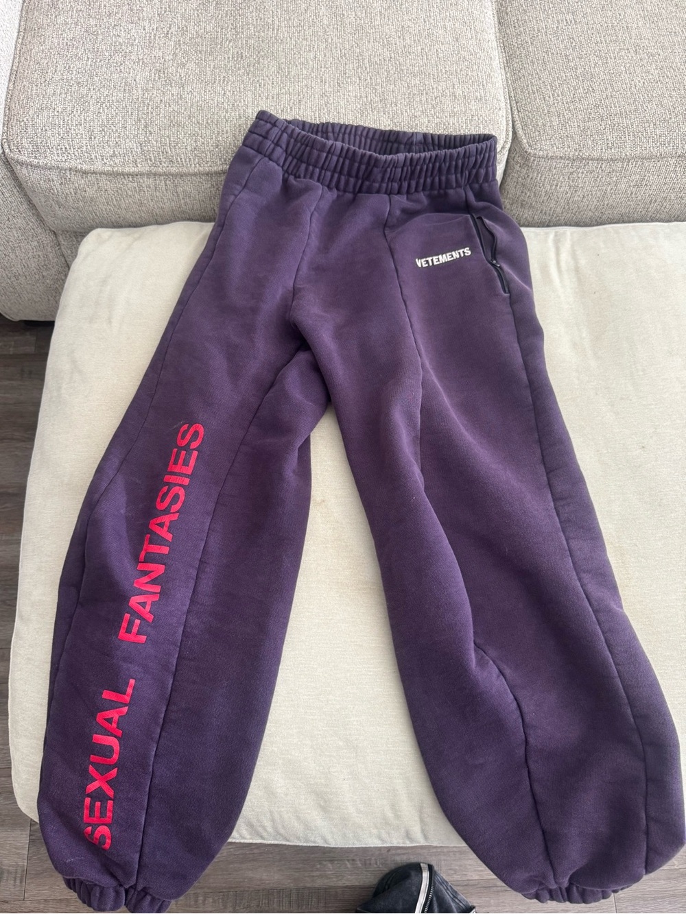 Vetements Kids Purple Sweatpants with Red 'Sexual Fantasies' Leg Print